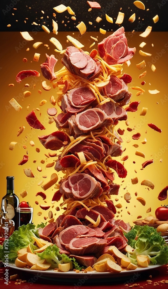 Slices of meat, lettuce leaves, processed cheese, pasta, French fries, on a yellow background