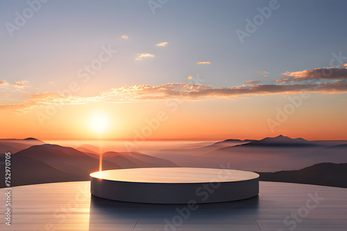 empty product podium in sunlight, minimalist podium in soft morning light, floating amidst a fluffy cloud sea with rolling hills and a distant sunrise, generative ai