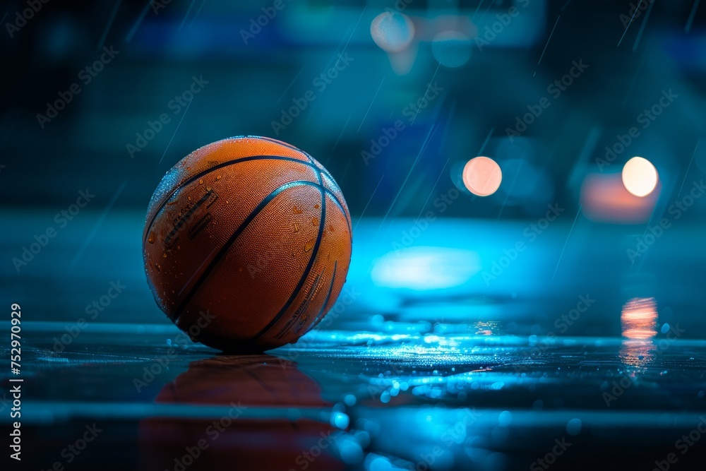 Basketball on a court with a dramatic blue lighting Basketball on a court with a dramatic blue lighting
