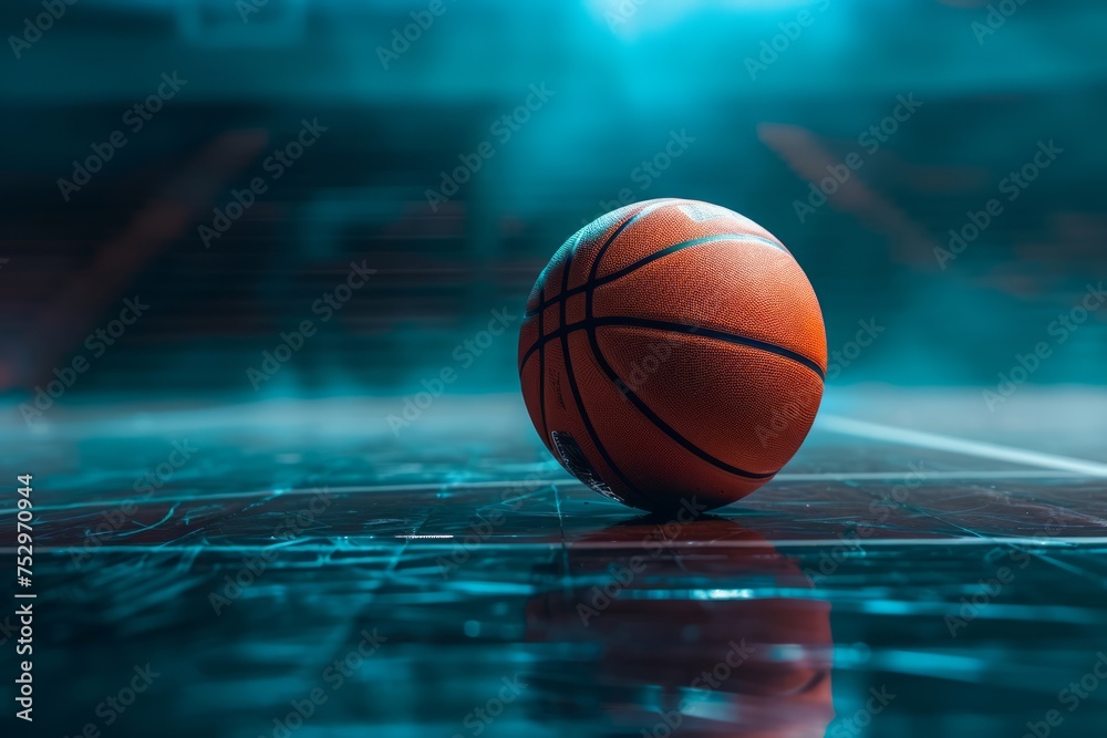 Basketball on a court with a dramatic blue lighting