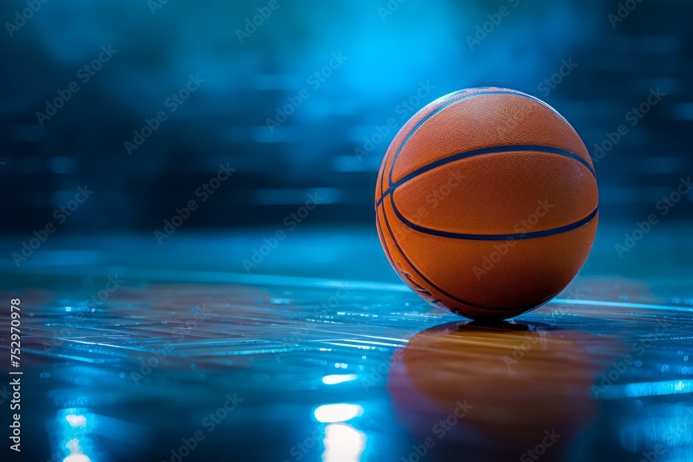 Basketball on a court with a dramatic blue lighting Basketball on a court with a dramatic blue lighting