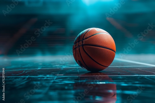 Basketball on a court with a dramatic blue lighting