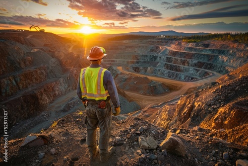 Worker in high visibility gear overlooking a mine at sunset