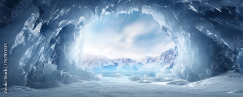Ice cave paradise for ice climbing inside view , winter landscape banner. Generative Ai.