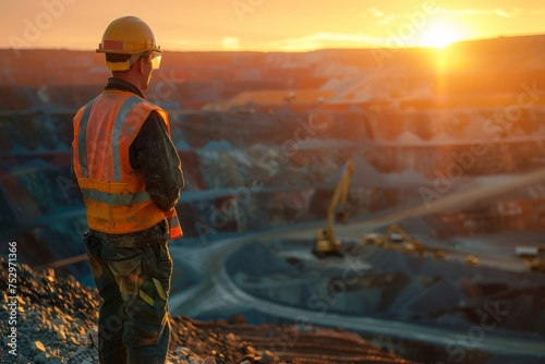 Worker in high visibility gear overlooking a mine at sunset