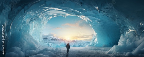 Ice cave cold inside view with colorful sunset light outside, winter landscape banner. Generative Ai. photo