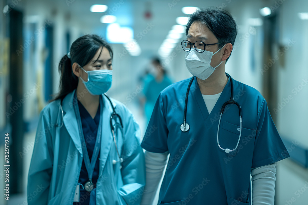 Medical Professionals in Scrubs Walking Hospital Hallway Medical Professionals in Scrubs Walking Hospital Hallway
