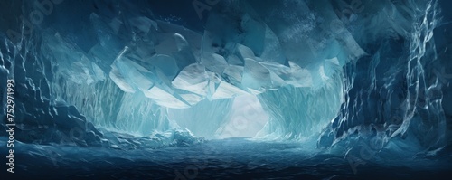 Ice cave paradise for ice climbing inside view , winter landscape banner. Generative Ai. © annamaria