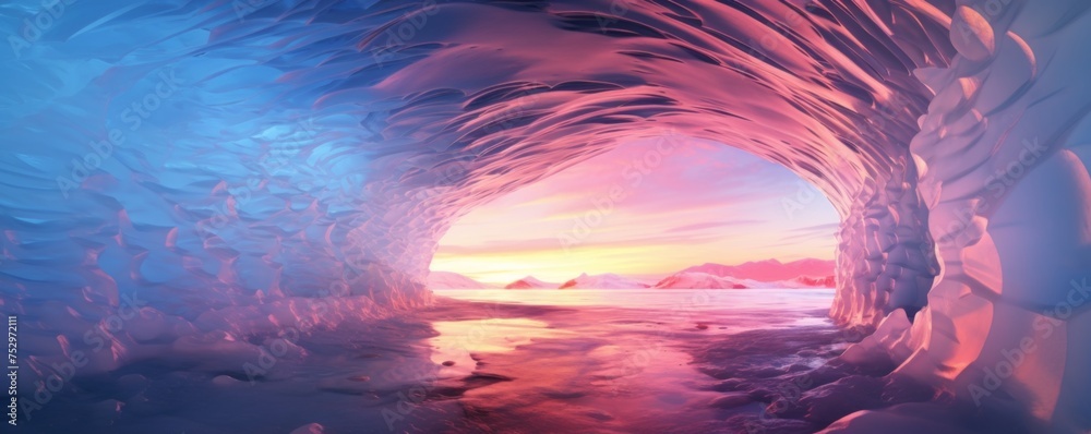 Ice cave cold inside view with colorful sunset light outside, winter landscape banner. Generative Ai.