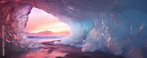 Ice cave cold inside view with colorful sunset light outside, winter landscape banner. Generative Ai. © annamaria