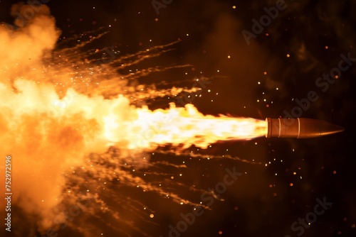 Model rocket launch with smoke and flames