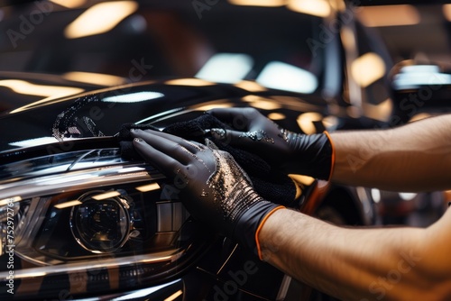 Polishing a black car with a microfiber cloth © ParinApril