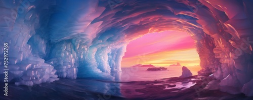 Wallpaper Mural Ice cave cold inside view with colorful sunset light outside, winter landscape banner. Generative Ai. Torontodigital.ca