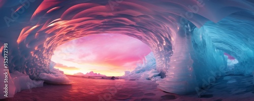 Ice cave cold inside view with colorful sunset light outside, winter landscape banner. Generative Ai.