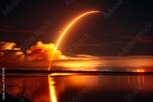 Rocket launch at night with vibrant flames and smoke