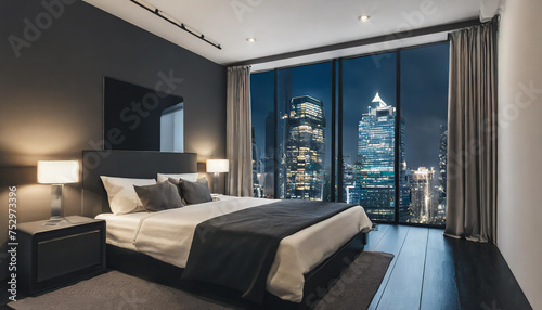 Dark bedroom with light on the skyscrapers