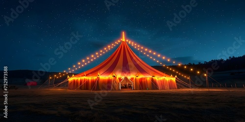 Vibrant Circus Tent Illuminated by Glowing Lights Against Night Sky. Concept Night Photography, Circus Tent, Glowing Lights, Outdoor Photoshoot, Event Decoration