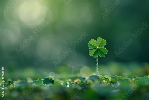 Single four leaf clover standing tall on a blurred green background