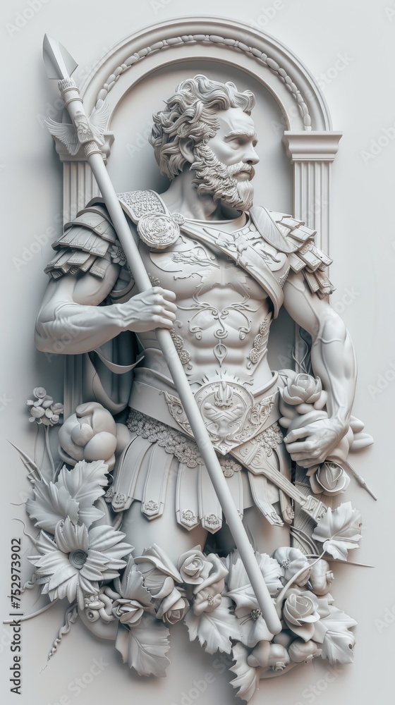 Sculpture of ancient warrior with creatures. Intricate sculpture depicting a muscular ancient warrior surrounded by mythical creatures and ornate details in a monochromatic palette