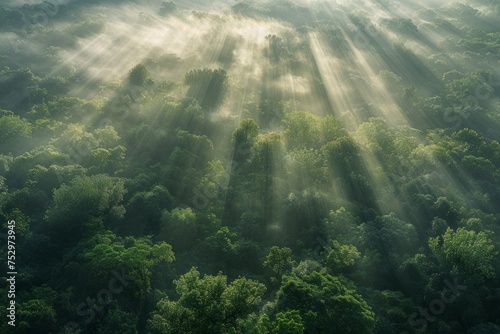 Sunrays piercing through a misty forest canopy