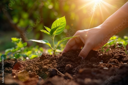 Hand planting a sapling in soil with sunlight