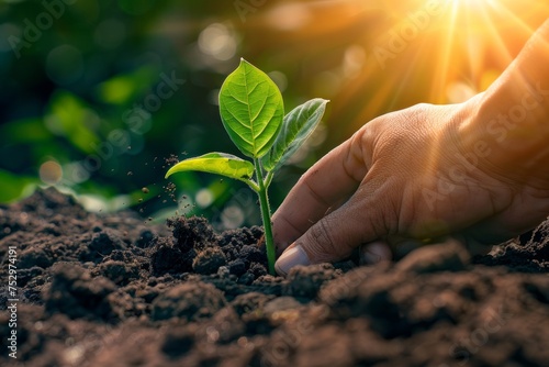Hand planting a sapling in soil with sunlight