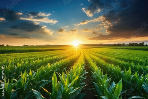 Golden Sunset Rays Over Vibrant Corn Field