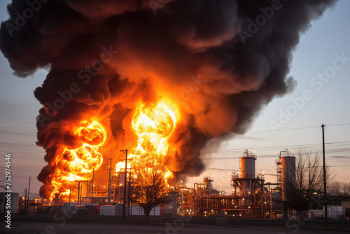 Massive Fire Erupts at Industrial Facility at Dusk