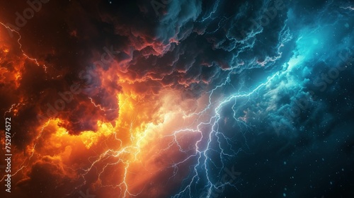 Lightning thunderstorm flash over the night sky. Concept on topic weather  cataclysms  hurricane  Typhoon  storm