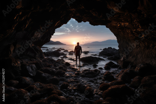 Explorer Standing in Cave Gateway to Sunset