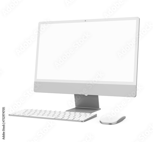 Desktop Computer with a Blank White Screen Monitor, Keyboard and Mouse Isolated