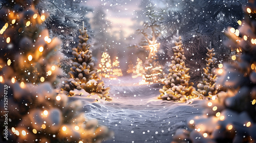 A whimsical winter wonderland with snow-covered trees and twinkling lights © patrapee5413