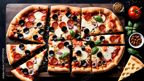 Image of delicious pizza and pizza slices with various toppings. Generative AI.
