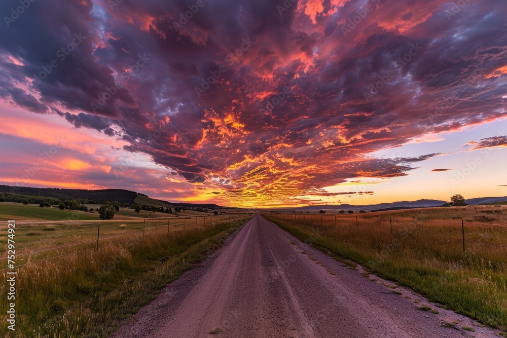 Dramatic sunset sky over a country road