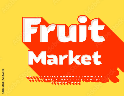 Vector advertising Signboard Fruit Market. Unique Creative 3D Font with Big Red Shadow. Modern Alphabet Letters and Numbers.