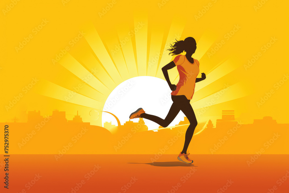 Female Runner Silhouette Against Sunrise Cityscape Female Runner Silhouette Against Sunrise Cityscape