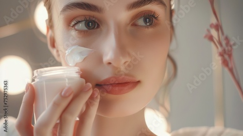 beautiful woman carefully applies a thin layer of cosmetic cream on her face with her hand.