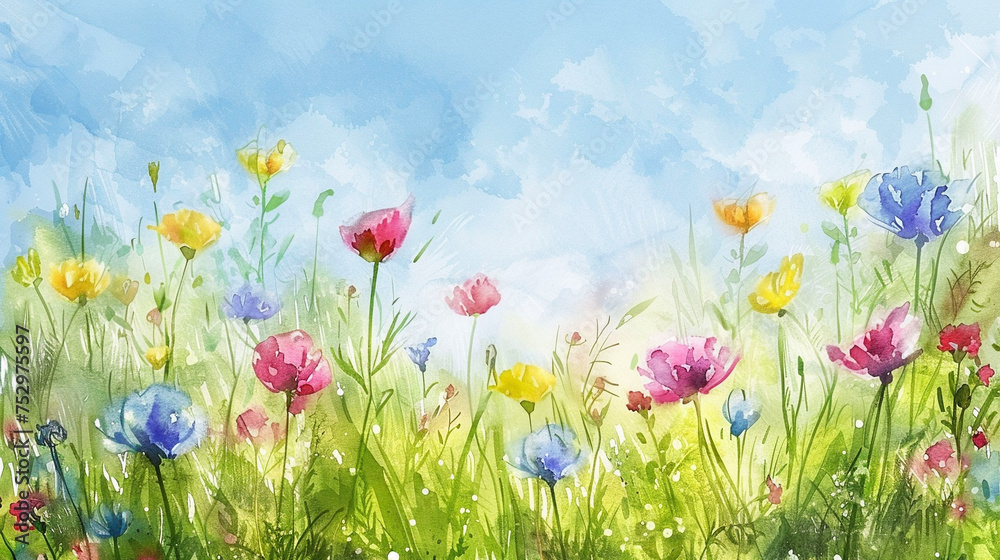 水彩で描いた花の風景イラスト　Generative AI