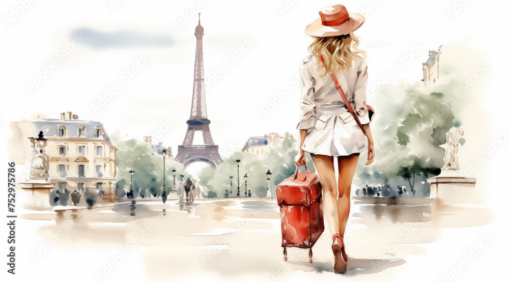 France traveling ads watercolor illustration, tourist with luggage in Paris, flight booking promotion, last minute voyage adventure - plane travel guide advertising asset drawing.