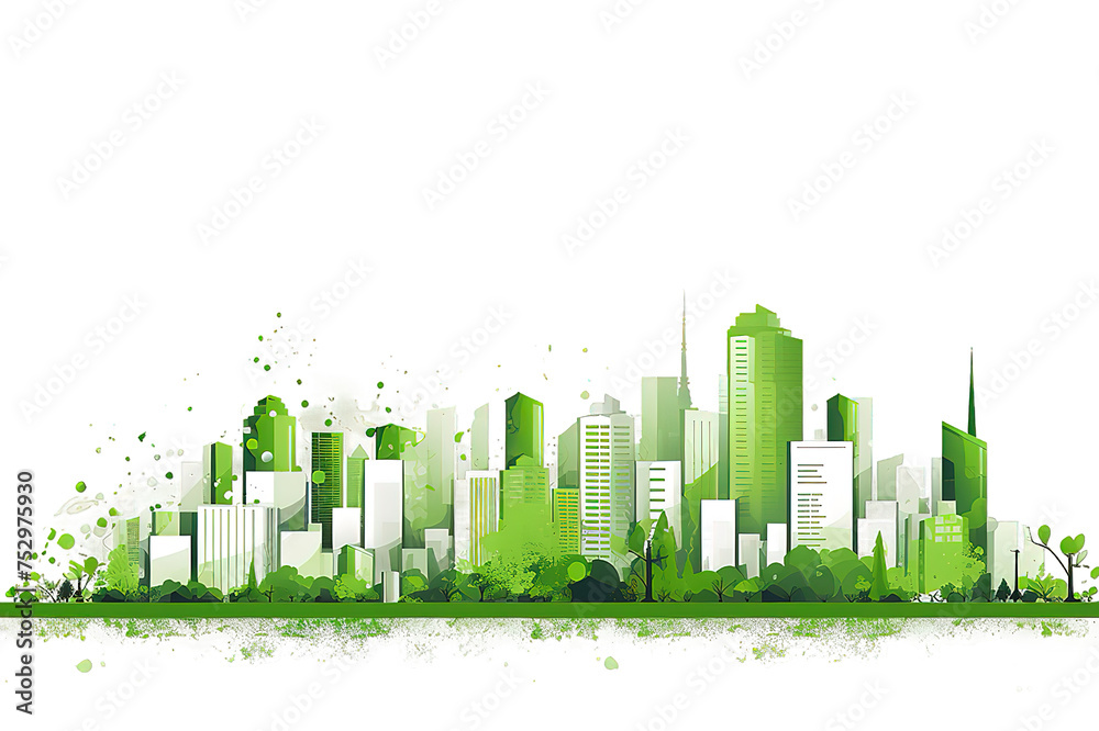 Fototapeta premium wide 3D cityscape model in shiny green isolated on a Transparent background. Generative AI