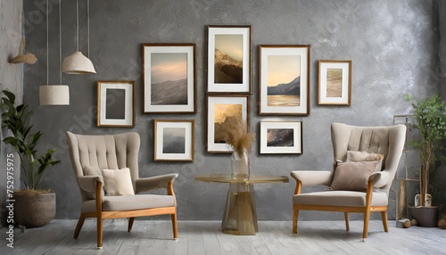different size framed photos hanging on the gray wall.