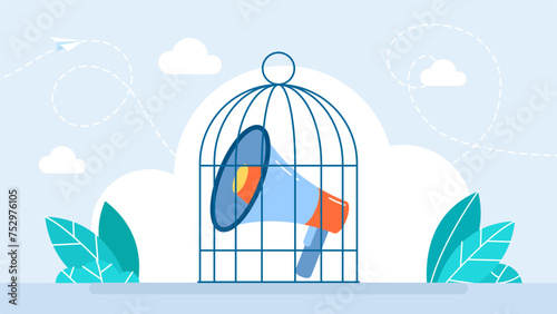Megaphone locked inside prison and isolated. Megaphone in closed bird cage. Violation democracy and lack freedom speech. Tolerant and not offend others. Freedom of speech. Vector illustration