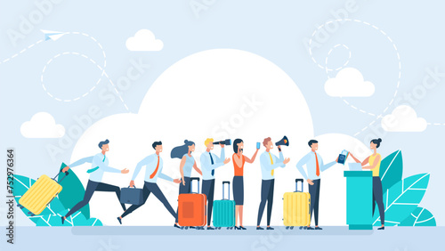 Passengers with Luggage and Aircraft Ticket at Flight Booking Counter Desk with Departures Board. Airport check in desk. Traveler queue from airport terminal check. Vector Illustration