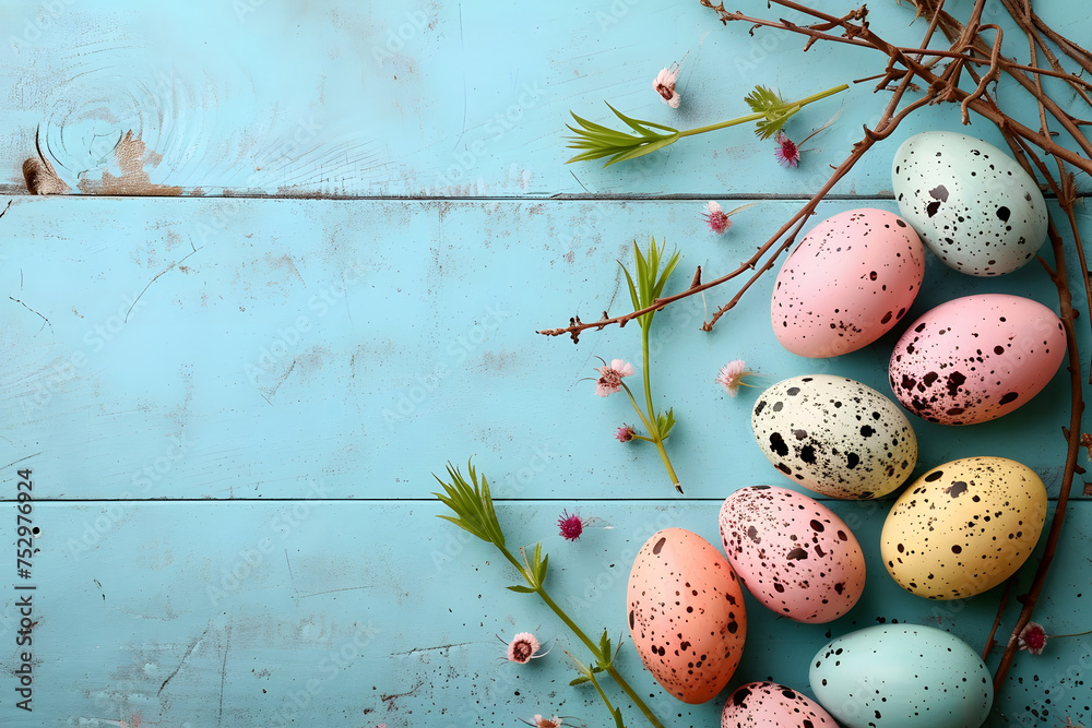 Obraz premium top view easter egg composition with small flowers and twigs on wooden rustic surface in pastel blue colors