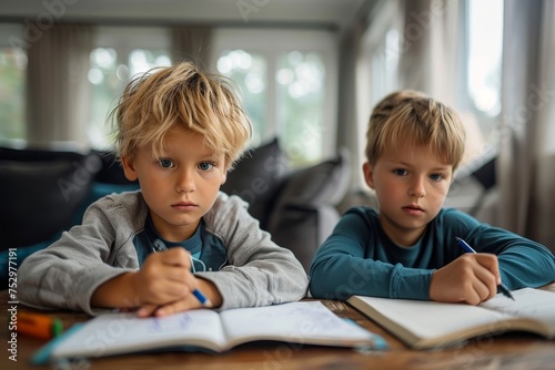 Kids sitting at a table concentrating on their homework in a domestic setting