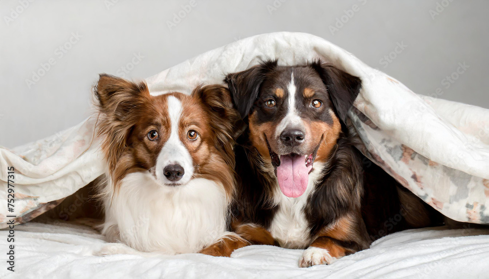 Two funny dogs under one blanket. They peek out from under him.