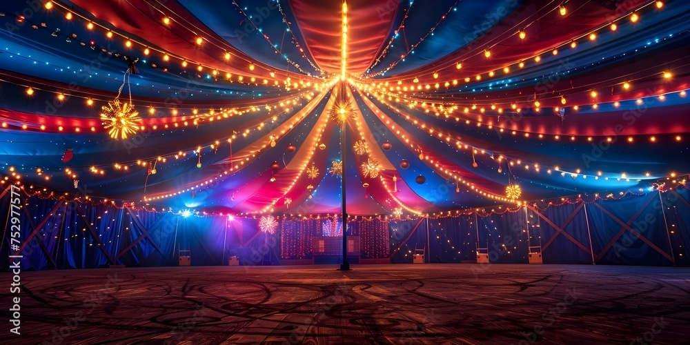 Nighttime circus tent with vibrant lights creating a festive and inviting atmosphere. Concept Nighttime Circus Tent, Vibrant Lights, Festive Atmosphere, Inviting Setting