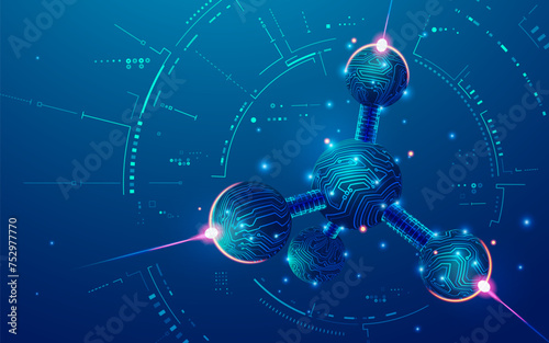 concept of biotechnology, graphic of molecule structure combined with electronic pattern
