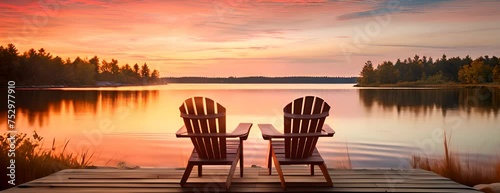Two wooden chairs on a wood pier overlooking a lake at sunset 4K Video photo