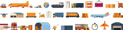Airplane transport logistics icons set cartoon vector. Vehicle delivery cargo. Carry tracking